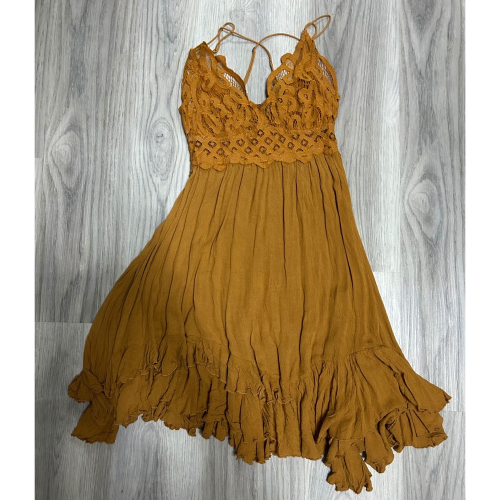 Free People Rust-Camel Lace-Trim Mini Sundress